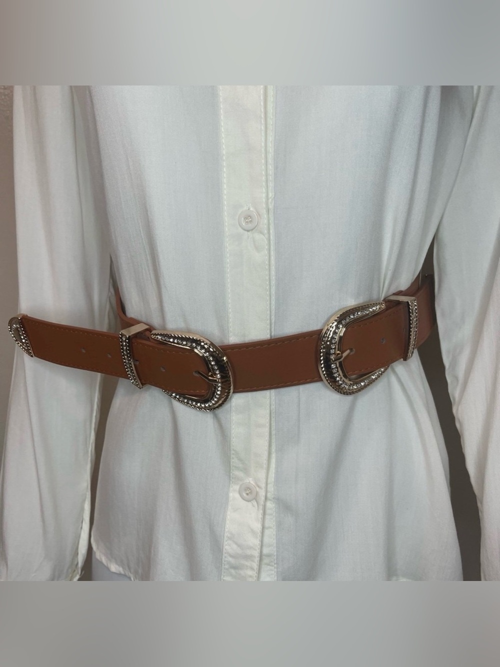 Brown PU leather double buckle with rhinestone details skinny belt